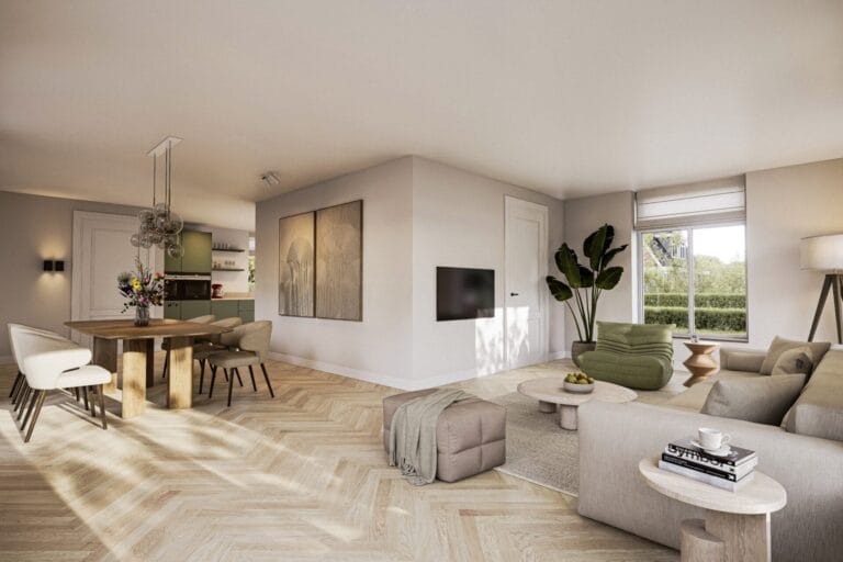 Woonkamer render warm interieur 3d impressie visualisatie